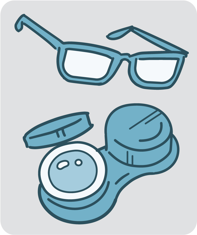 Eyeglasses and contact lenses in a case Eyeglasses and contact lenses in a case.
